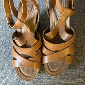 Earth Tan Leather Crisscross Wedge Sandals